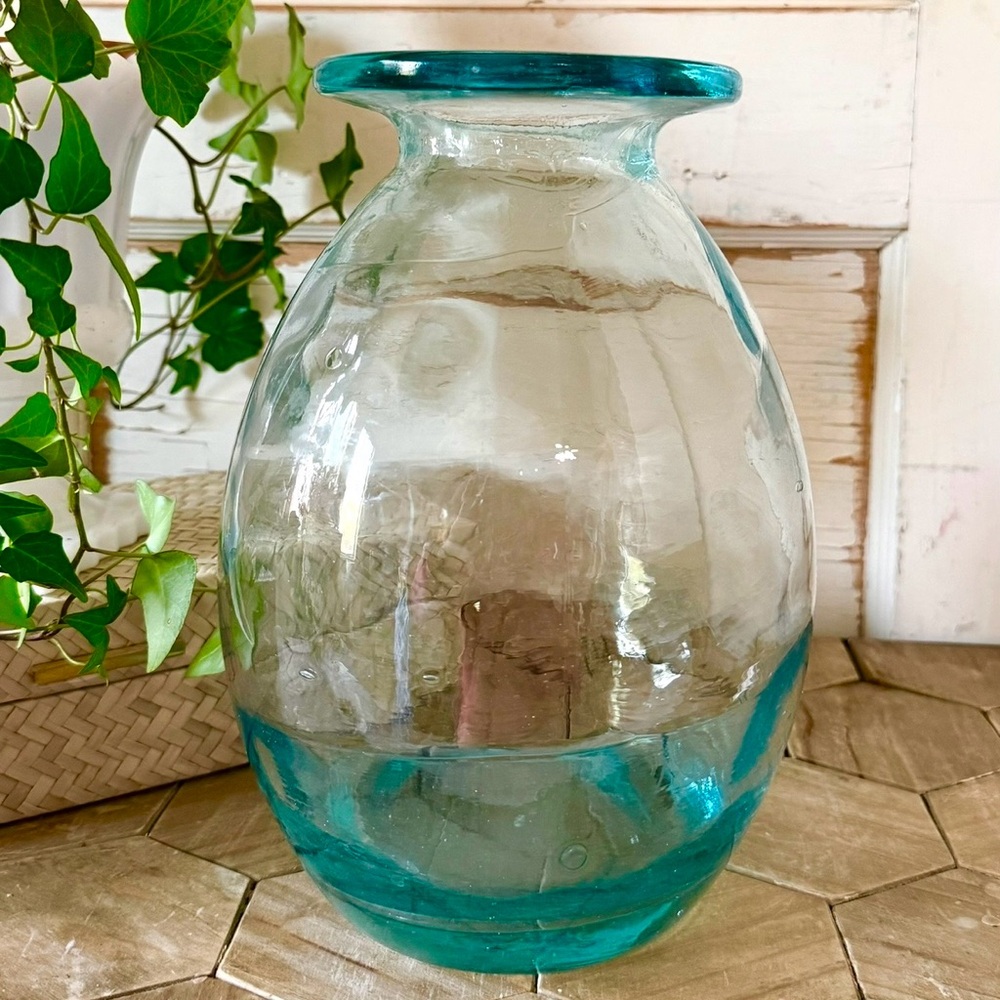 Aqua Blue Clear Bubble Blown Recycled Glass 10" Bottle Vase - Pottery Barn Style